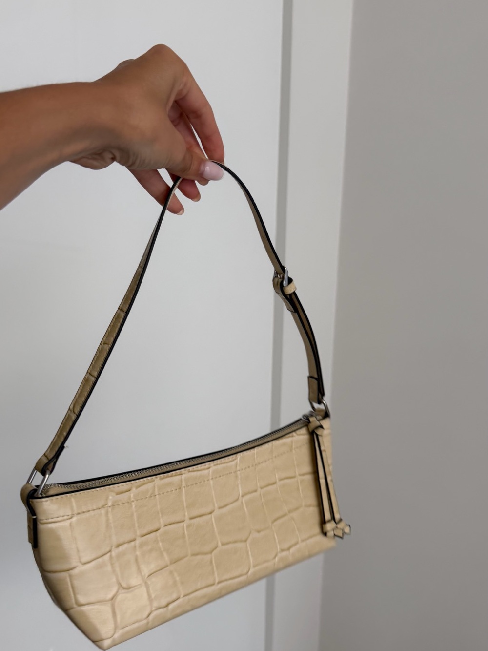 Cream Croc-Embossed Shoulder Bag